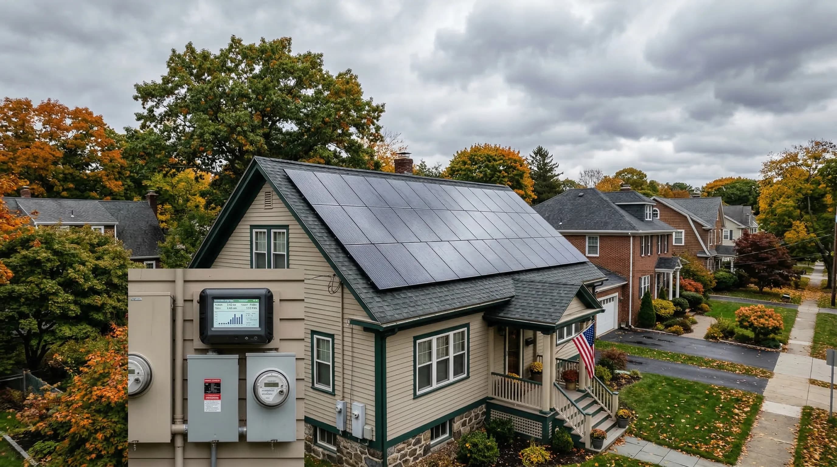 Solar panels generating electricity under overcast cloudy sky with diffuse sunlight