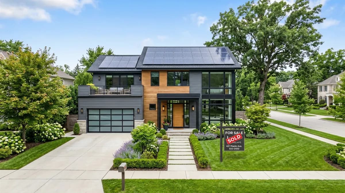 Home with solar panels and for-sale sign