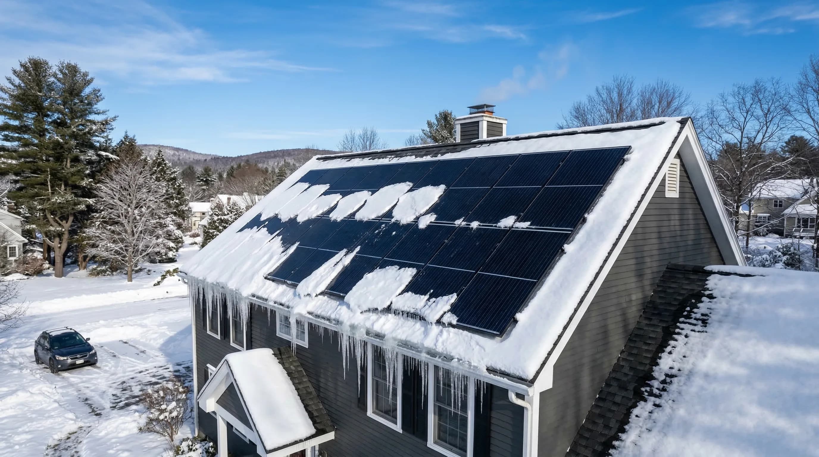 Solar panels on a residential roof covered with snow in winter