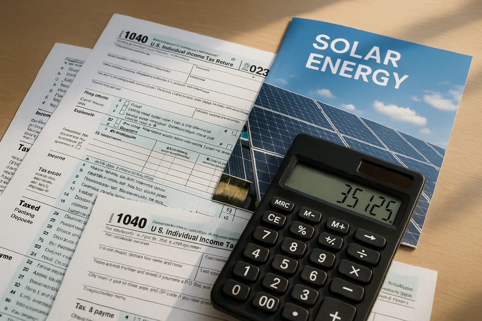 Tax forms and calculator on a desk with a solar panel brochure