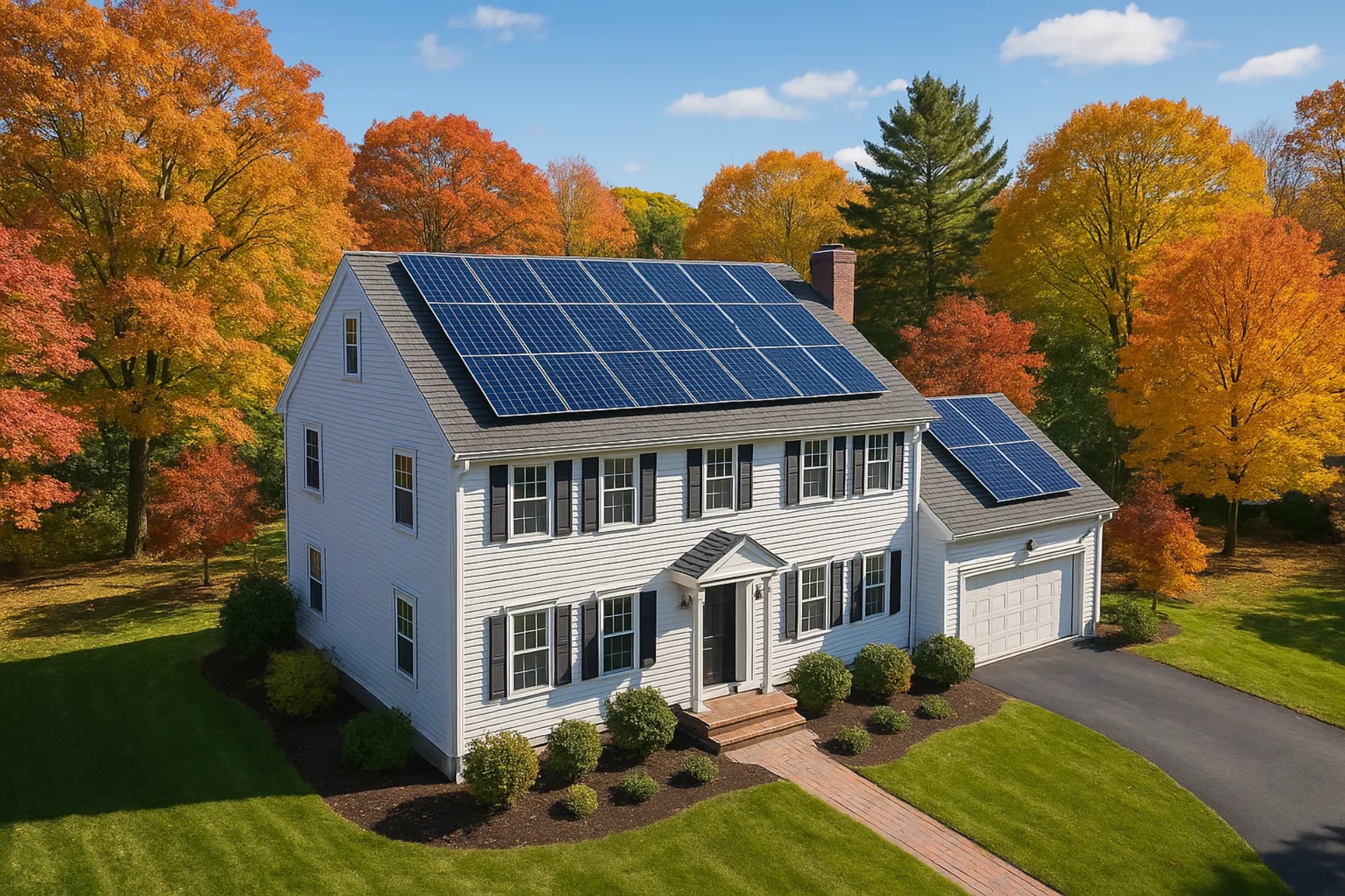 New England colonial home with rooftop solar panels and autumn foliage