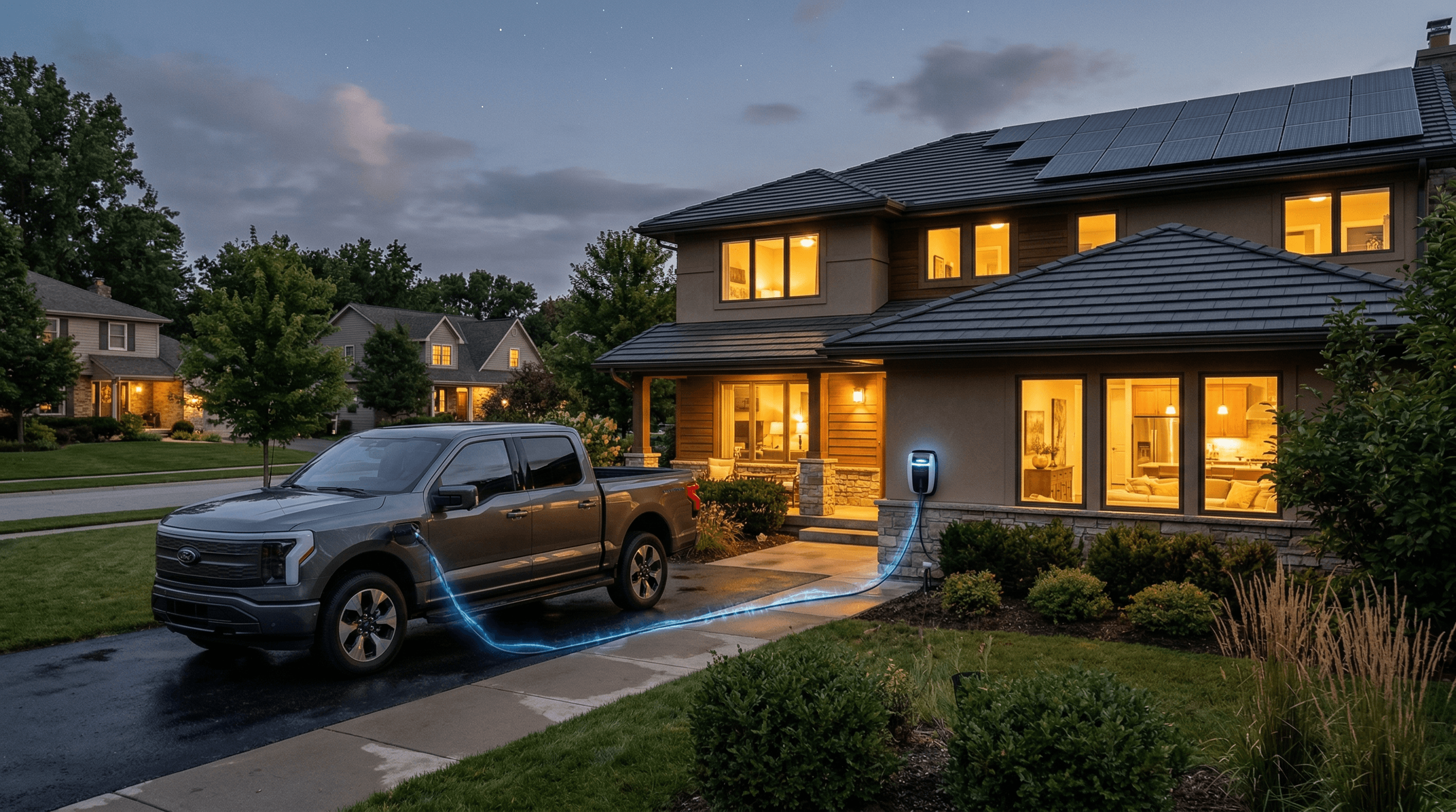 Ford F-150 Lightning electric truck connected to a home via bidirectional charger at dusk with solar panels on the roof