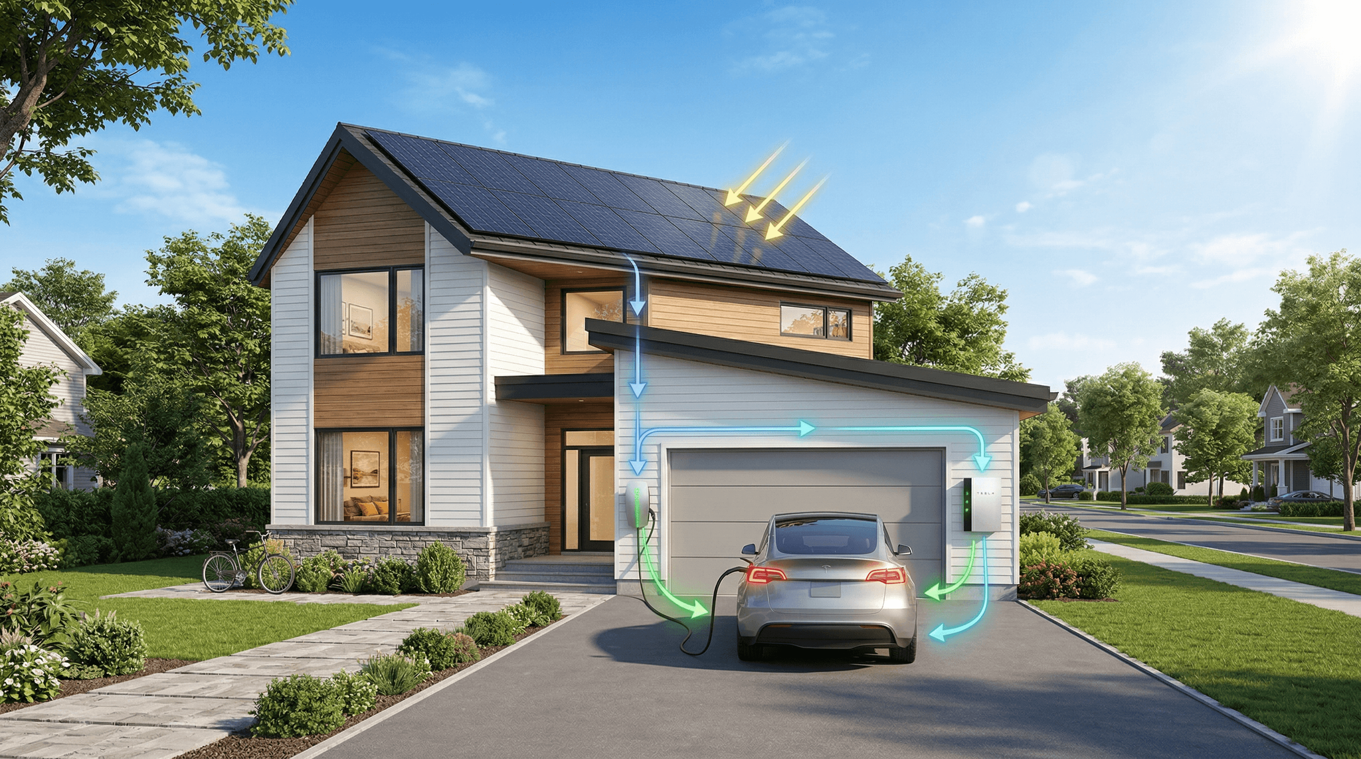 Modern home with rooftop solar panels charging an electric vehicle in the driveway via bidirectional charger -- the ultimate energy independence setup