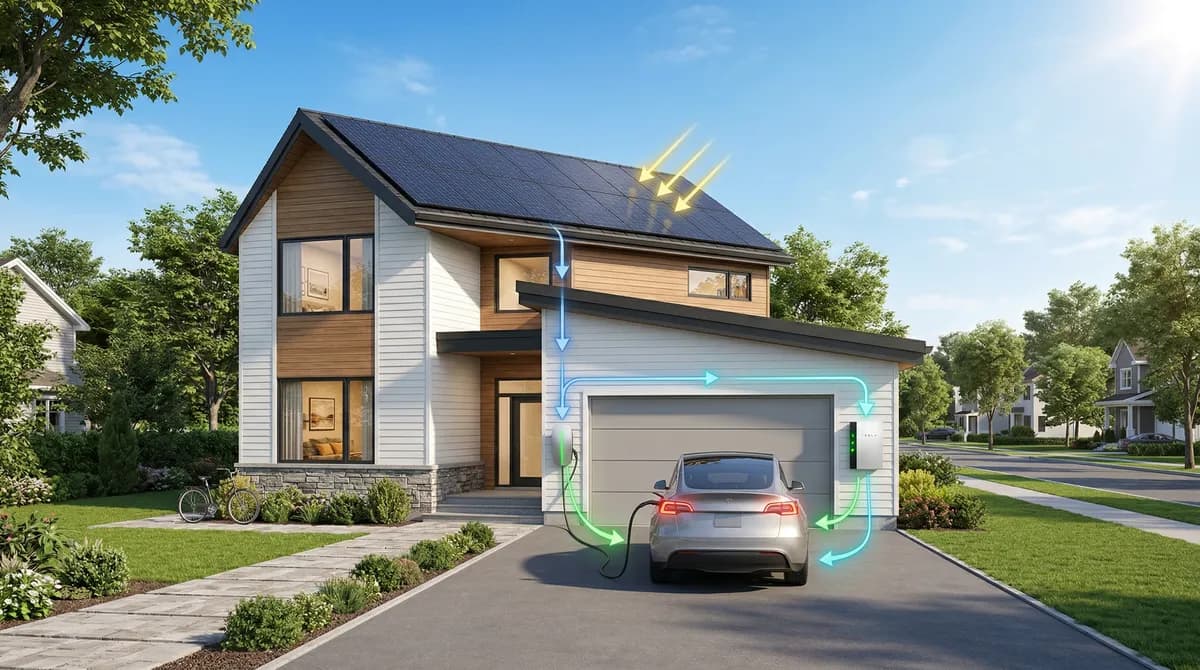 Modern home with rooftop solar panels charging an electric vehicle in the driveway via bidirectional charger -- the ultimate energy independence setup