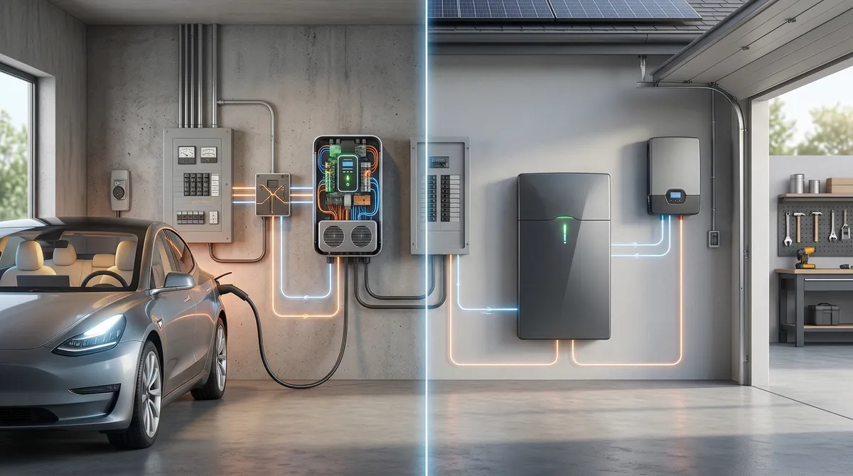 Side-by-side comparison of V2H bidirectional EV charging setup versus a dedicated home battery wall-mounted system