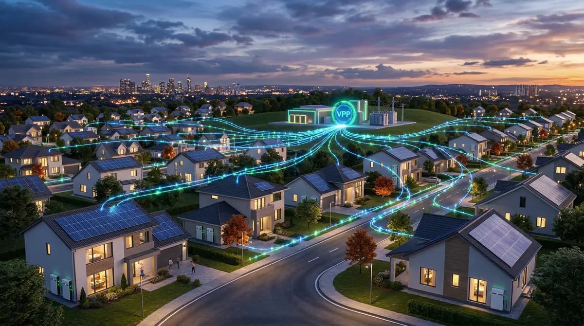 Virtual power plant concept showing multiple homes with batteries connected to the electrical grid