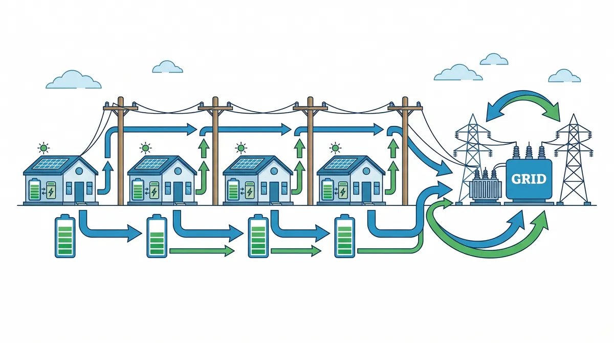 Diagram showing homes with batteries sending energy to the grid during peak demand