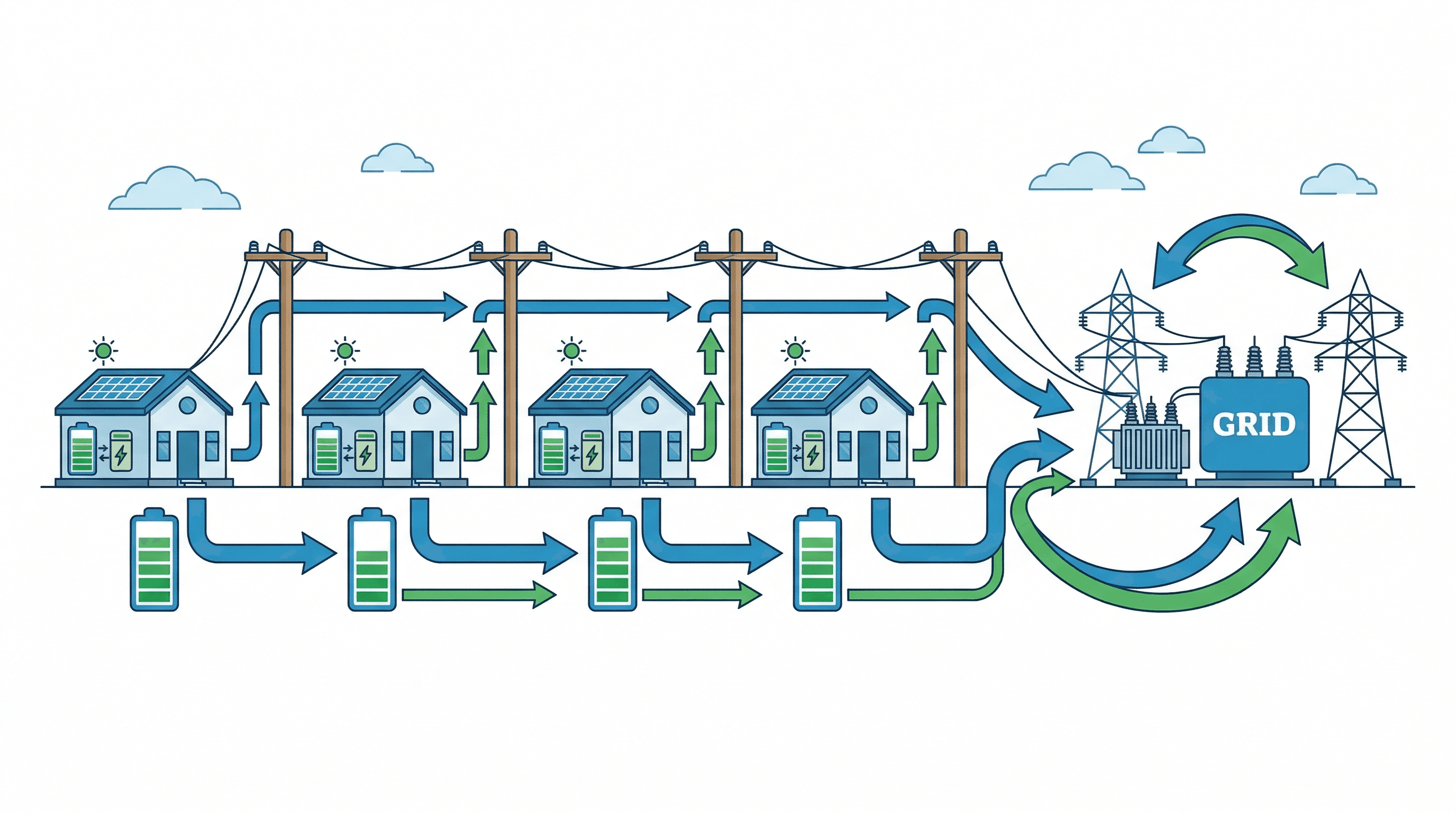 Diagram showing homes with batteries sending energy to the grid during peak demand