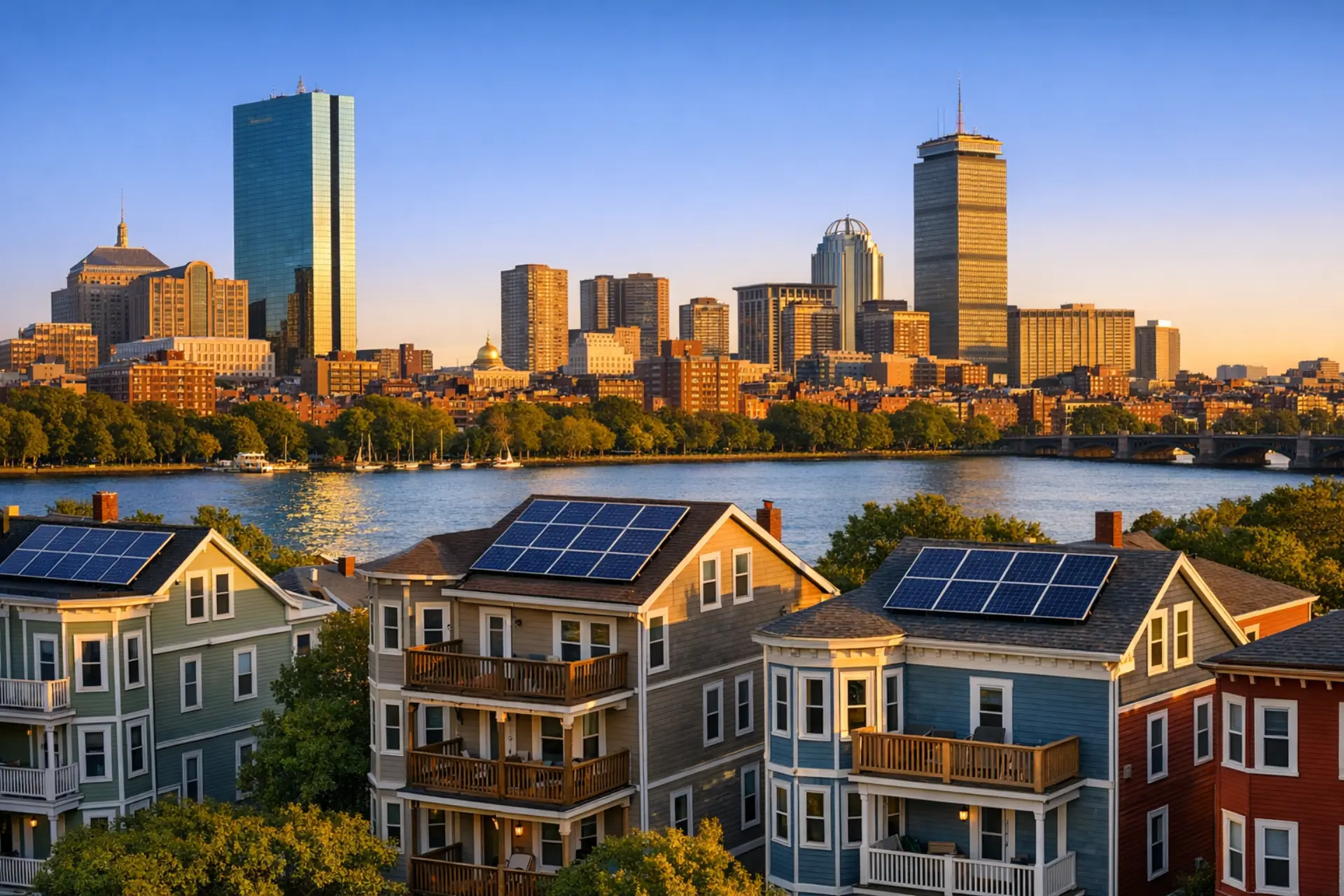 Boston skyline with rooftop solar panels across neighborhoods