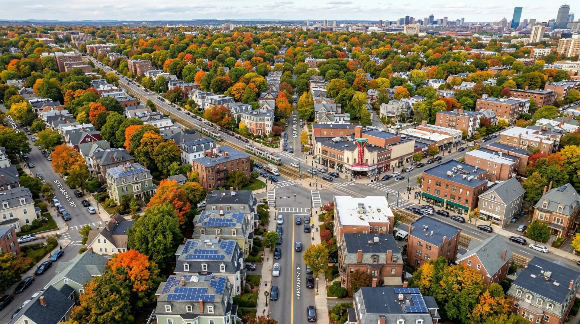 Aerial view of Brookline Massachusetts with solar panels on residential rooftops
