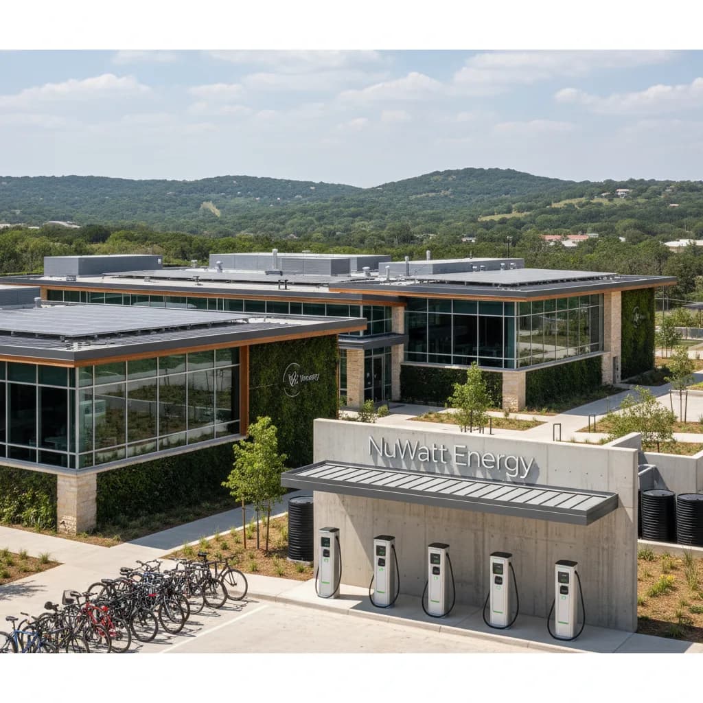 Rooftop solar EV charging canopy at an Austin tech workplace campus with hill country skyline