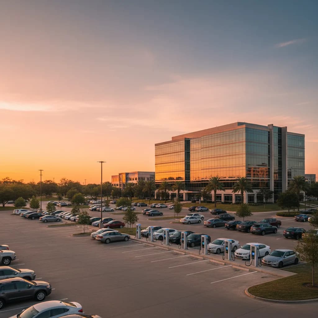 Class A office park EV charging stations in Las Colinas with North Texas skyline