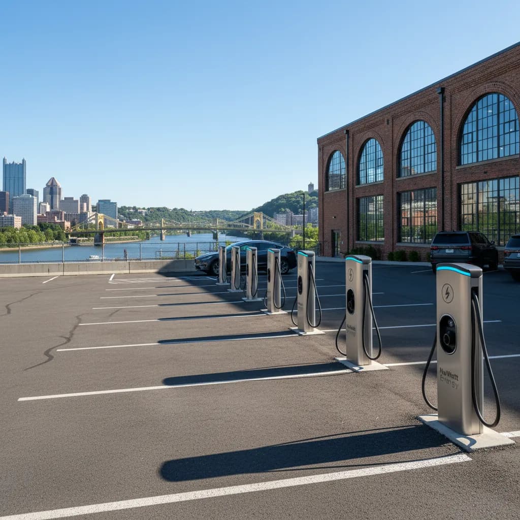 Commercial EV chargers installed at a Pittsburgh property with river and hill backdrop