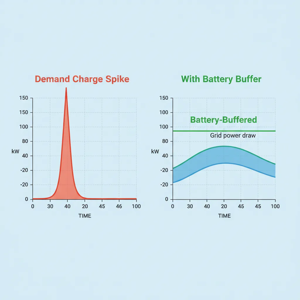 Demand-charge mitigation diagram comparing unbuffered vs battery-buffered DCFC draw