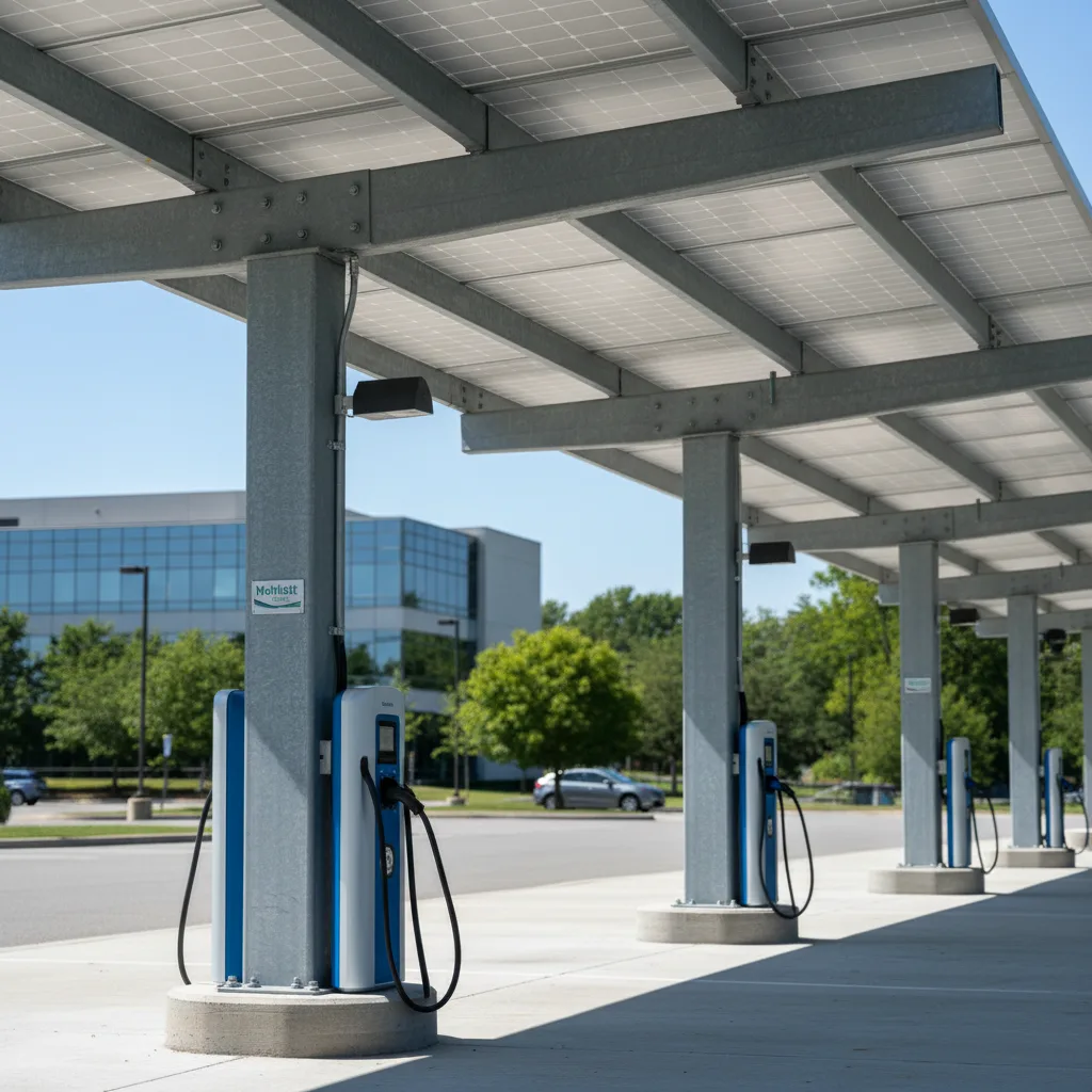 Solar carport over a car wash customer parking lot with integrated EV chargers