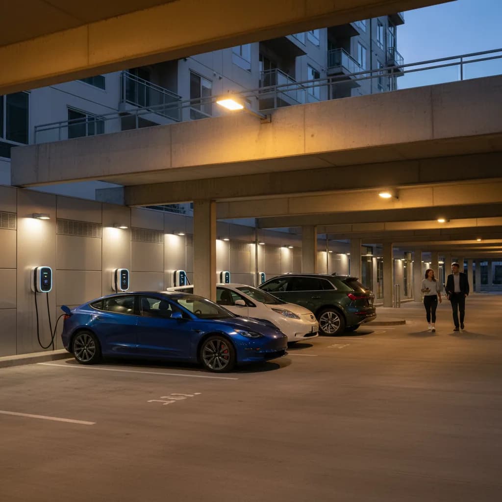 Networked Level 2 EV chargers in a New Jersey multifamily parking lot
