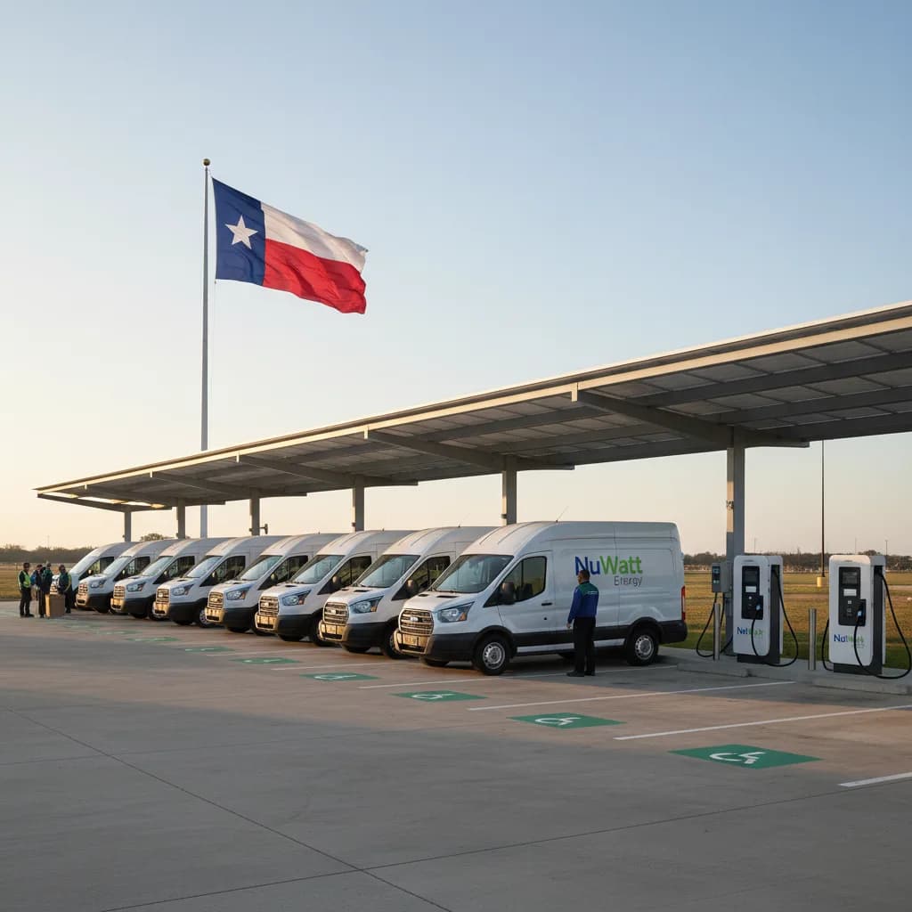 Texas fleet depot at night with EV charging stations and electric trucks