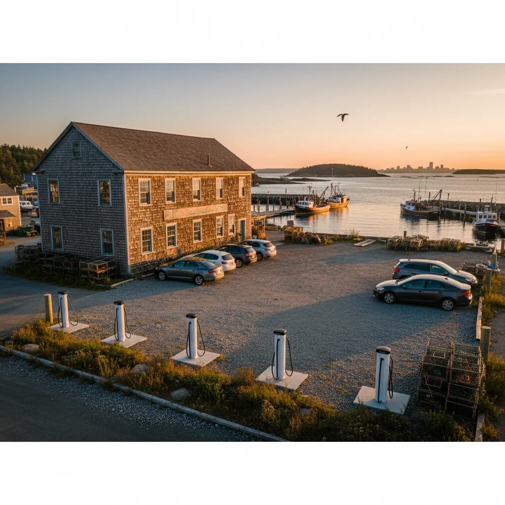 Commercial EV charging canopy at a coastal Maine retail site with Portland lighthouse backdrop