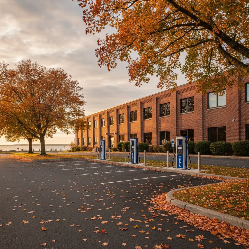 Commercial EV charging station in front of a Providence office building with the RI state flag