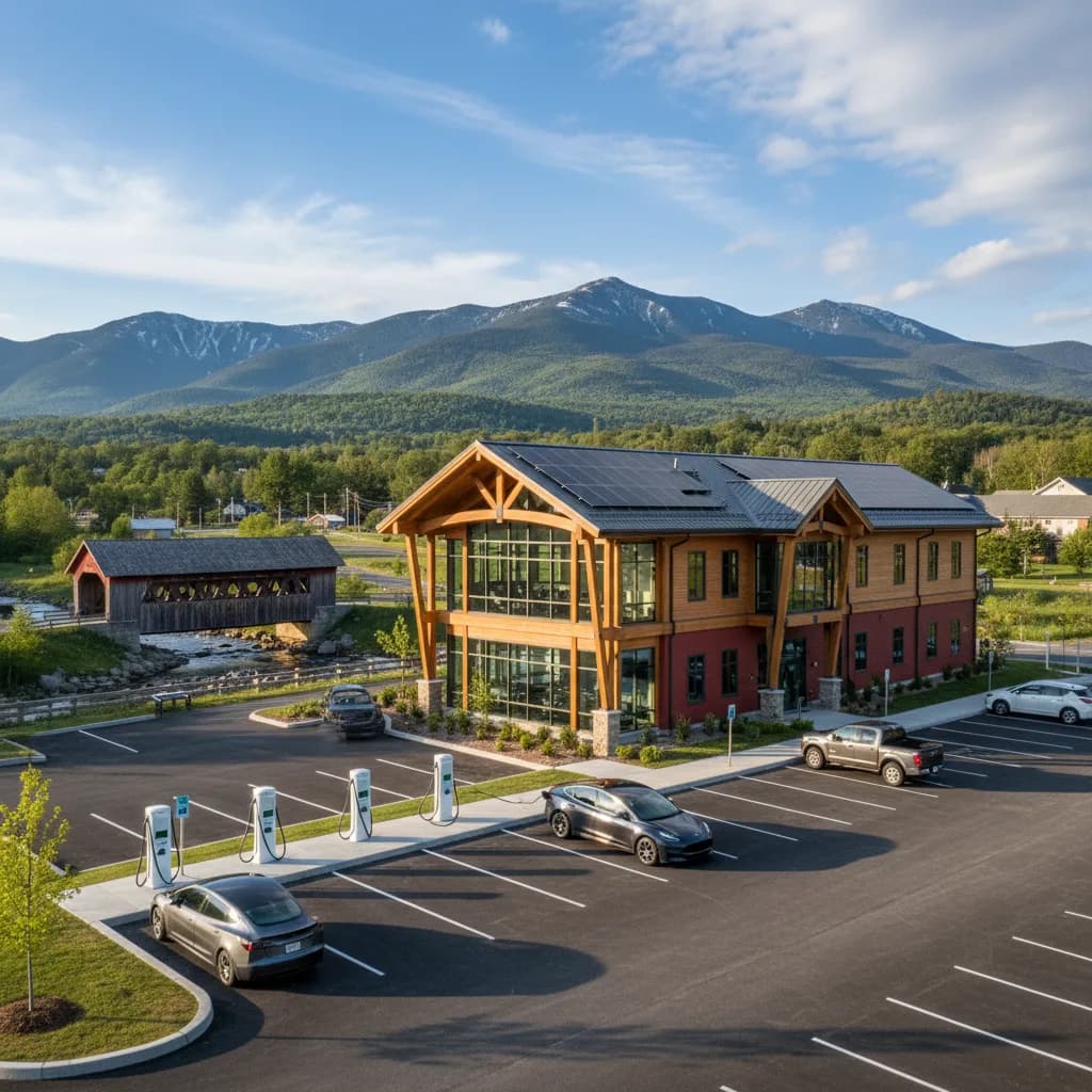 Commercial EV chargers at a Vermont workplace with snowy Green Mountains backdrop