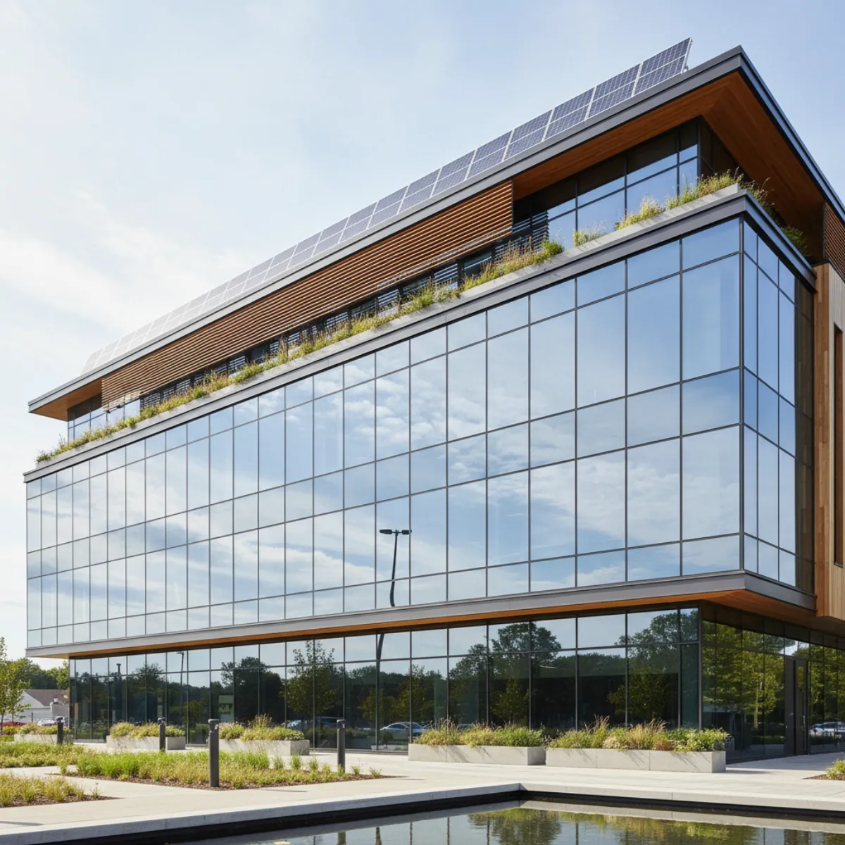 Commercial building with solar panels meeting CT building energy standards