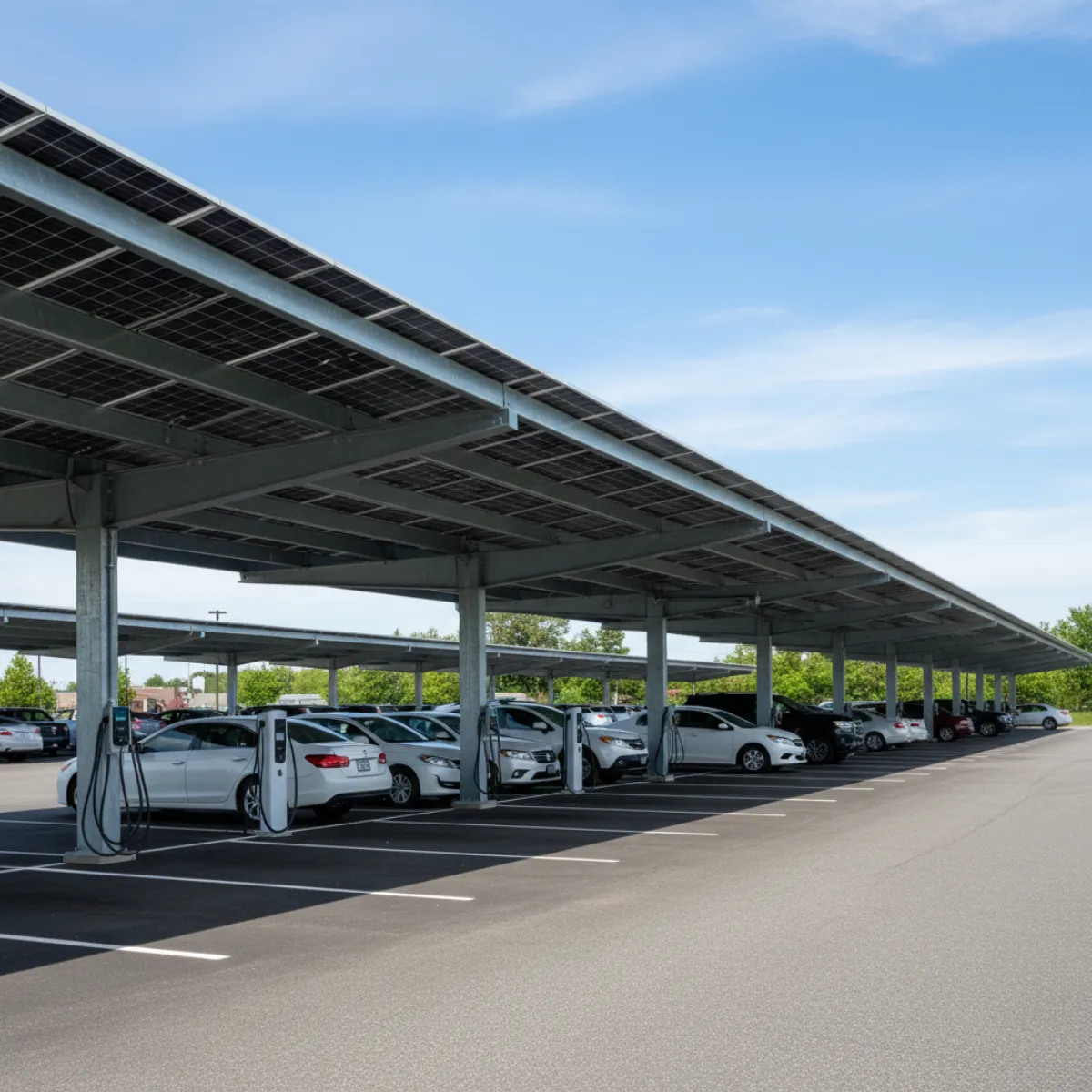 Large commercial solar carport installation in Massachusetts parking lot