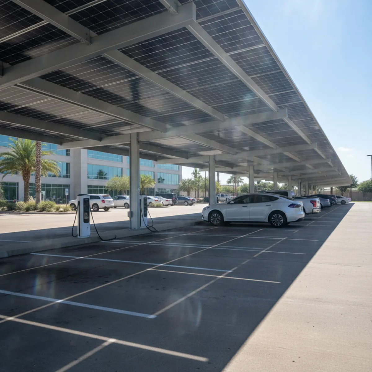 Large solar carport installation in Texas providing shade for commercial parking