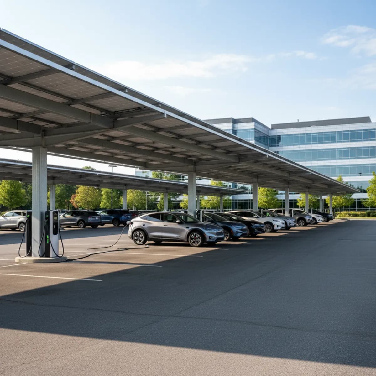 Large commercial solar carport installation with EV charging stations in Massachusetts