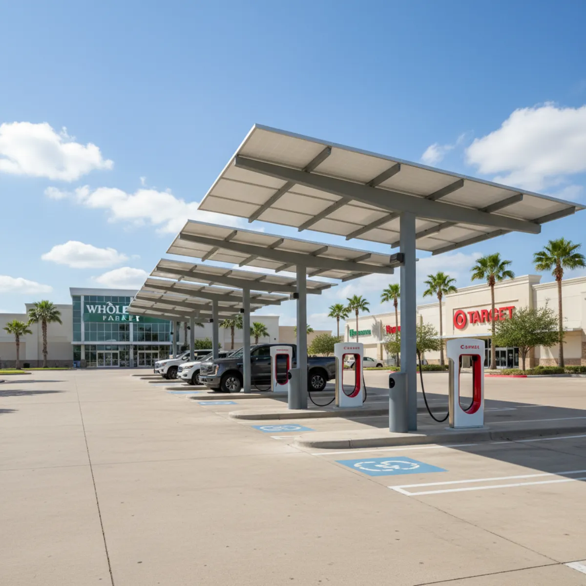 Solar carport installation with EV charging stations at a Texas commercial property