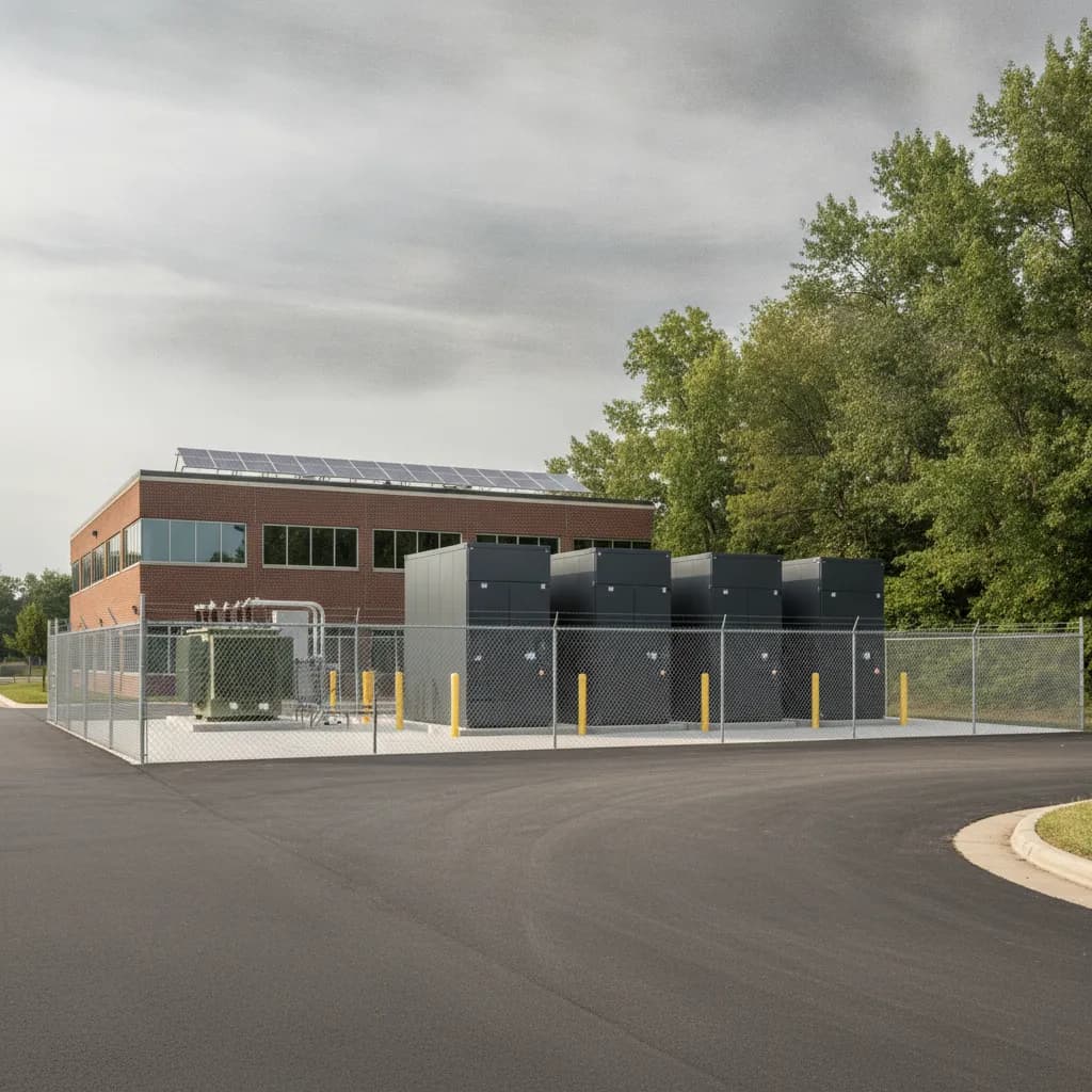 Commercial battery energy storage enclosures on a concrete pad beside a business