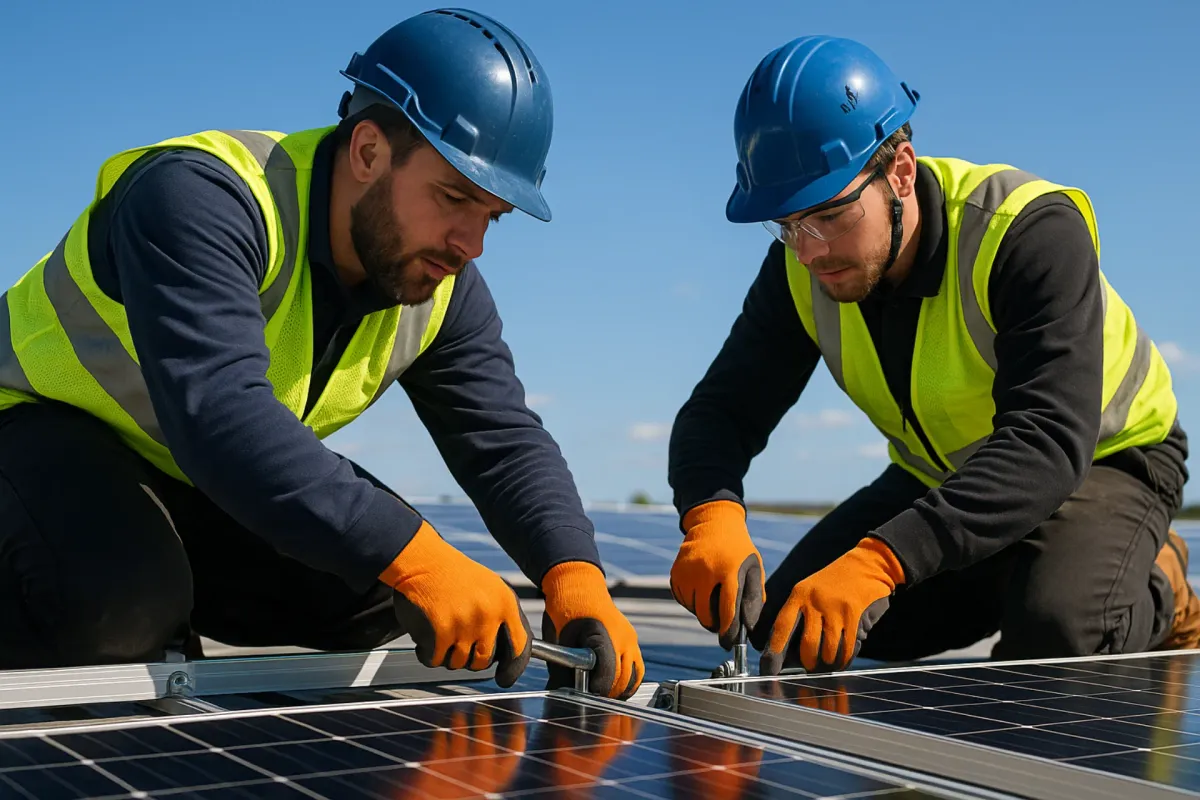 Technicians assembling a commercial rooftop solar array