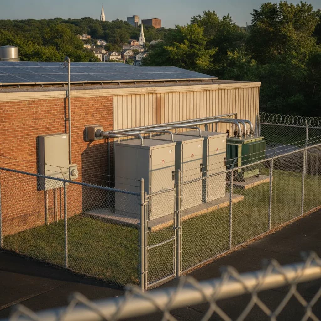 Commercial battery storage enclosures beside a Massachusetts business