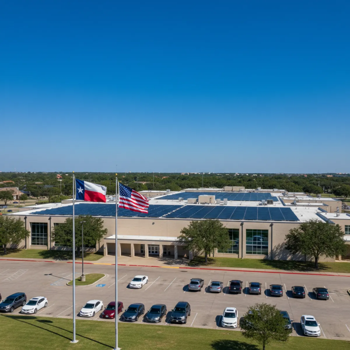 Solar panels on Texas school district building illustrating Direct Pay benefits for ISDs
