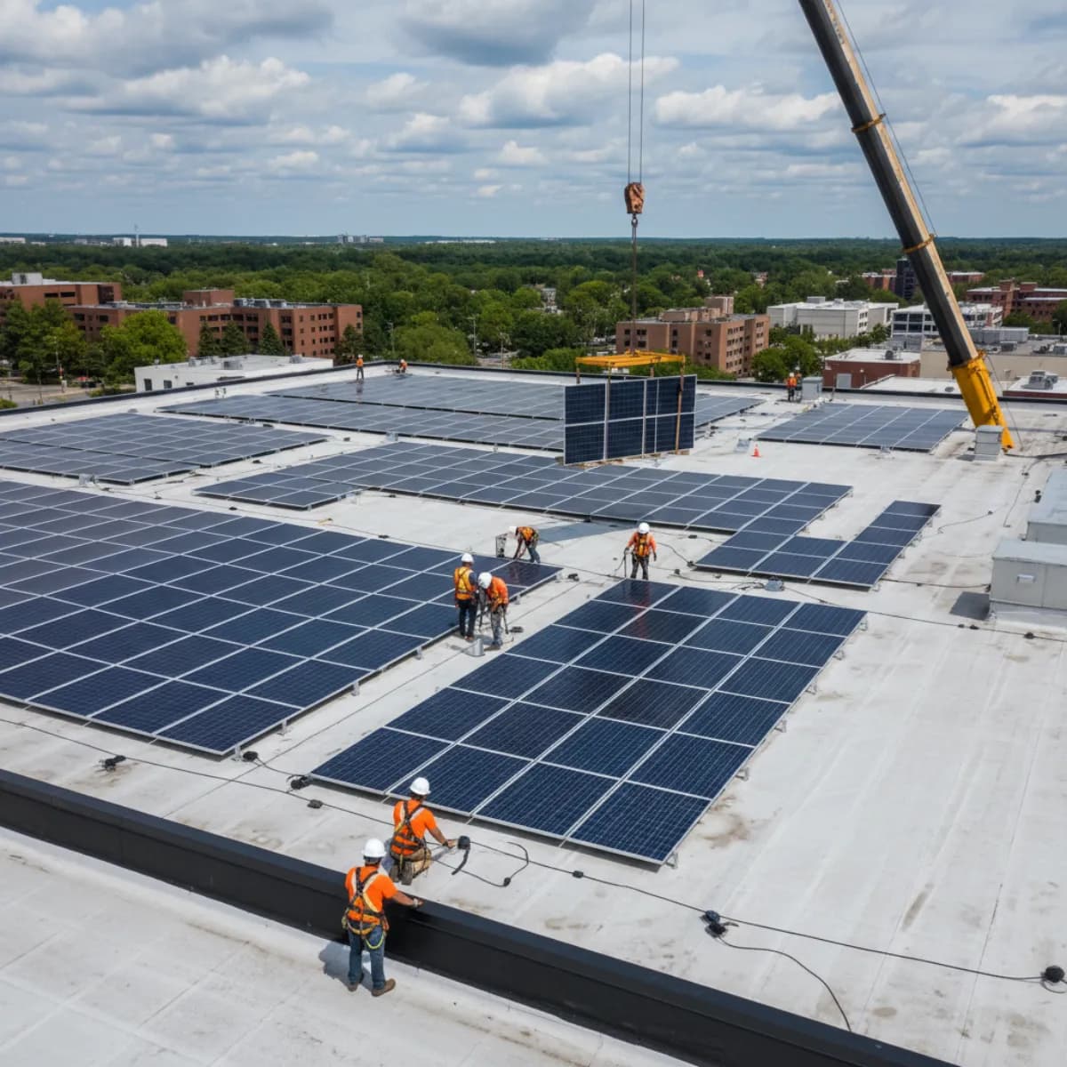 Commercial solar installation crew meeting prevailing wage requirements in Massachusetts