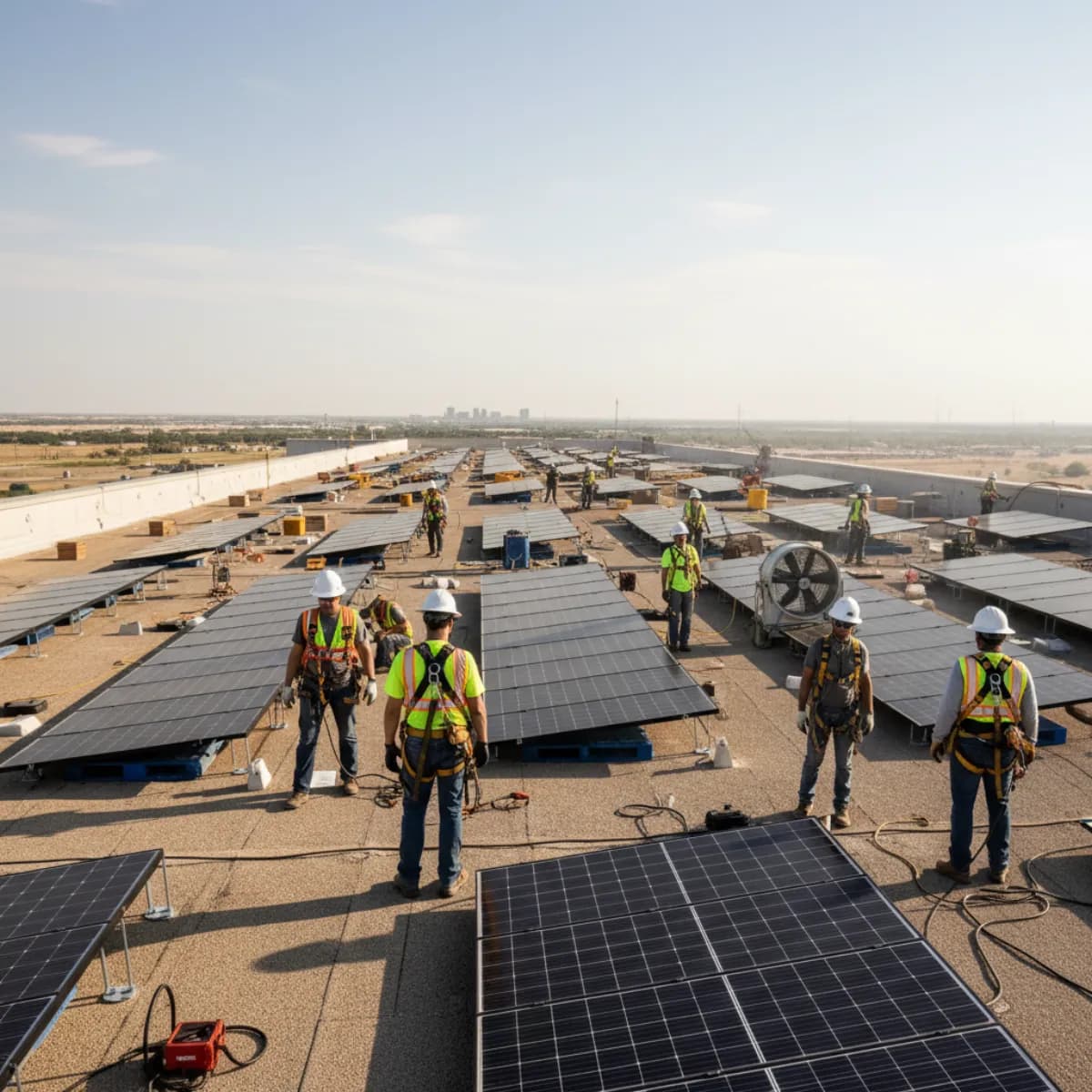 Commercial solar installation crew in Texas meeting prevailing wage requirements