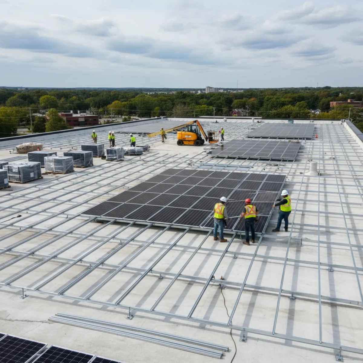Commercial solar installation in progress on a Connecticut building