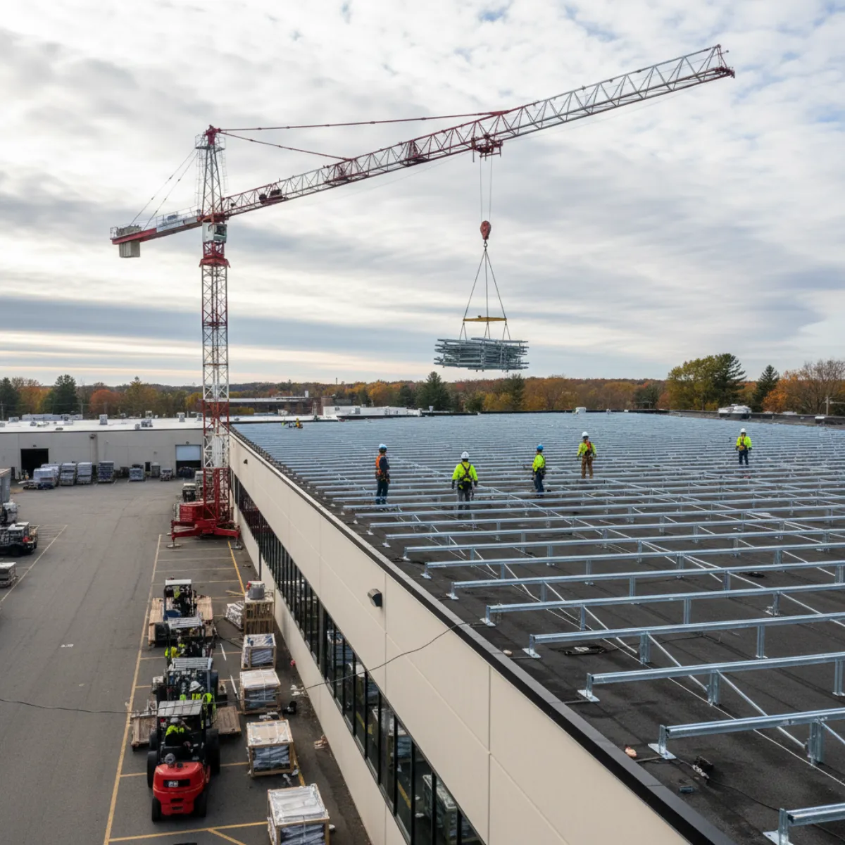 Commercial solar installation in progress on a Massachusetts warehouse rooftop