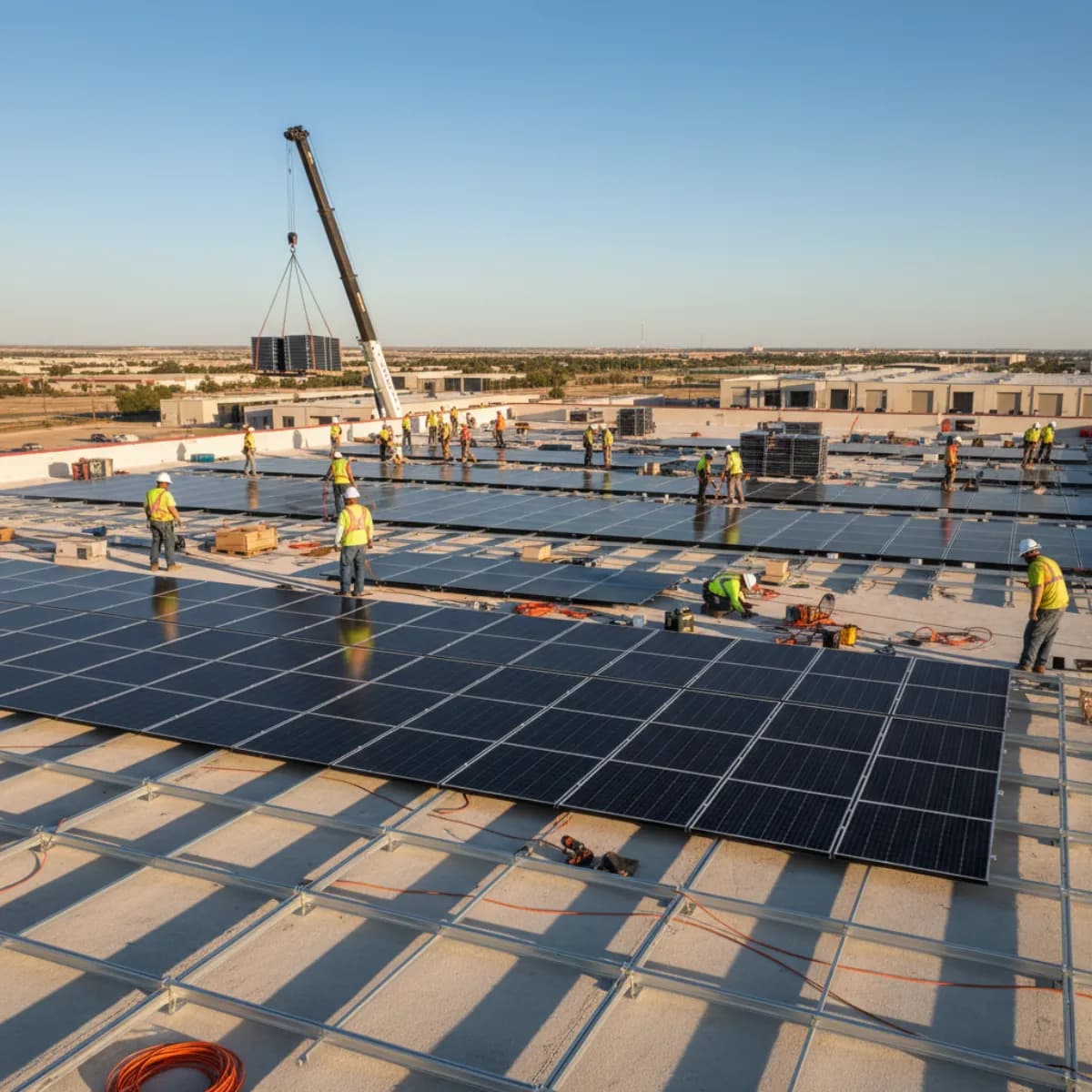 Commercial solar installation in progress on a Texas warehouse rooftop