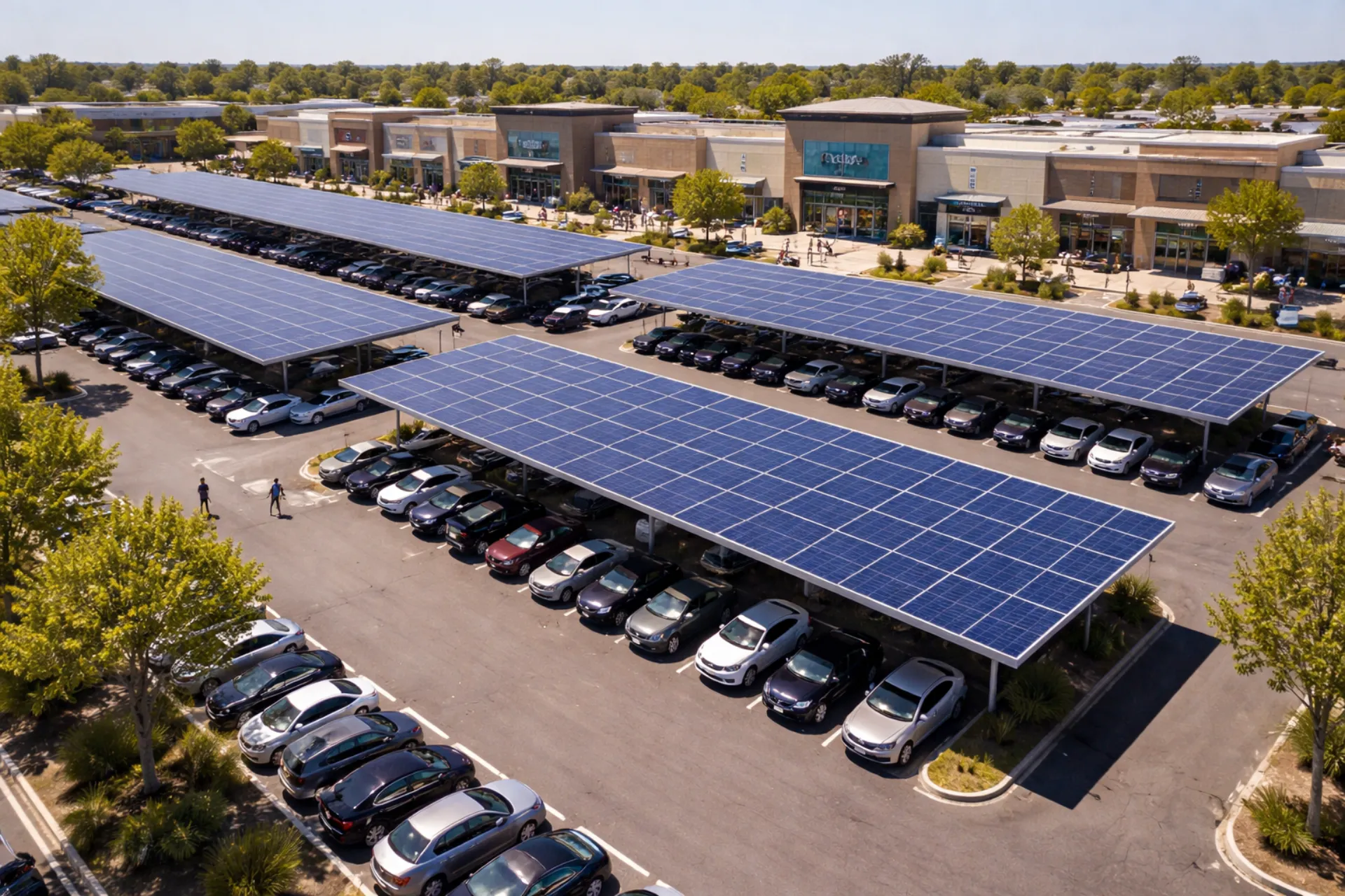 Solar carport canopy over a Cape Cod retail plaza parking lot with EV chargers