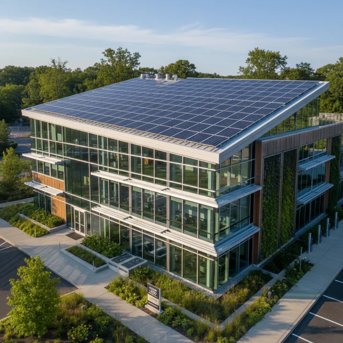 Commercial building with rooftop solar meeting Massachusetts Stretch Energy Code requirements