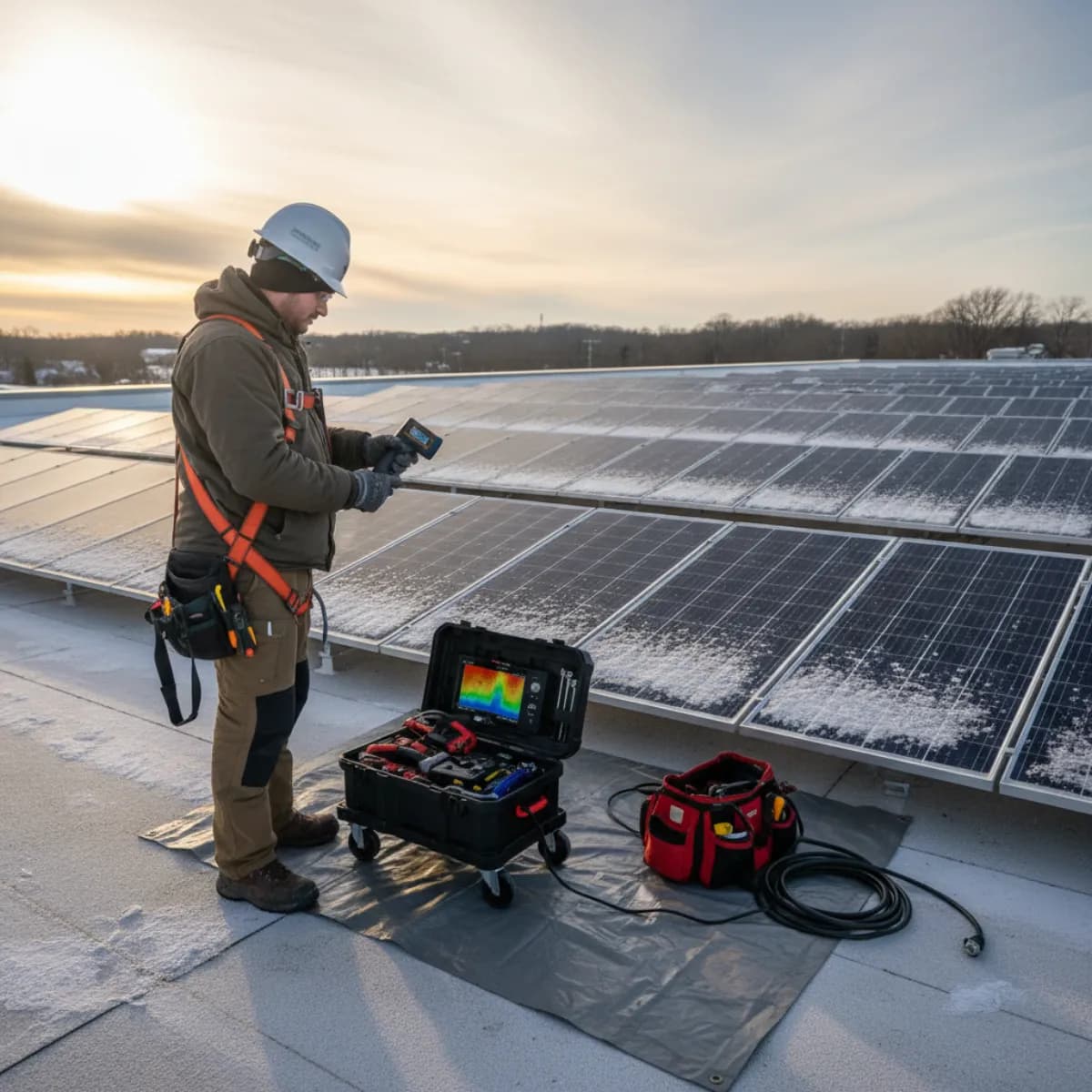 Technician performing maintenance inspection on a commercial solar array in Massachusetts