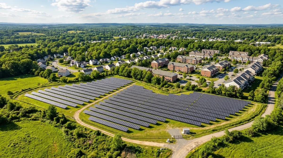 Community solar farm with residential neighborhood visible in the background
