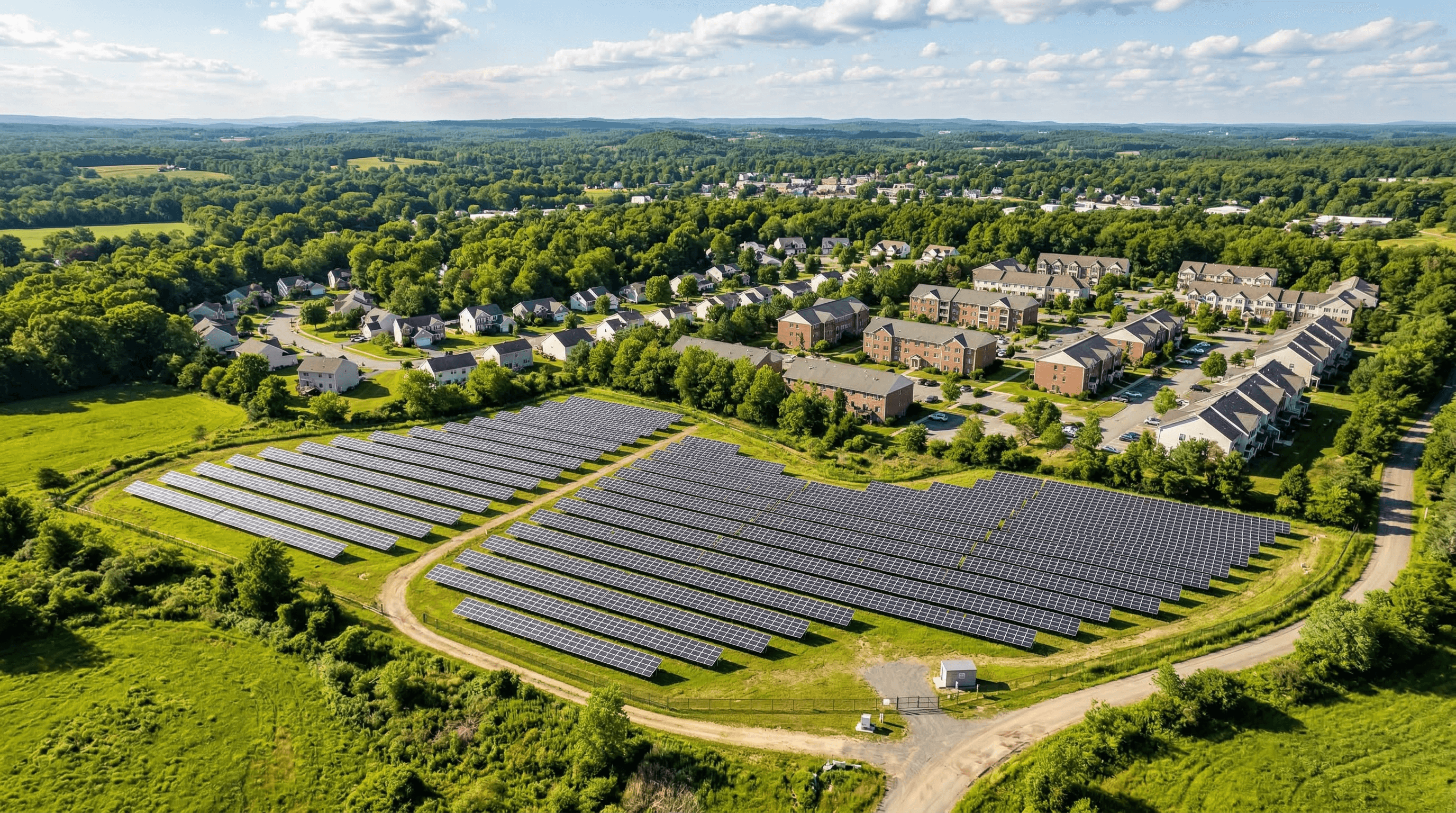 Community solar farm with residential neighborhood visible in the background