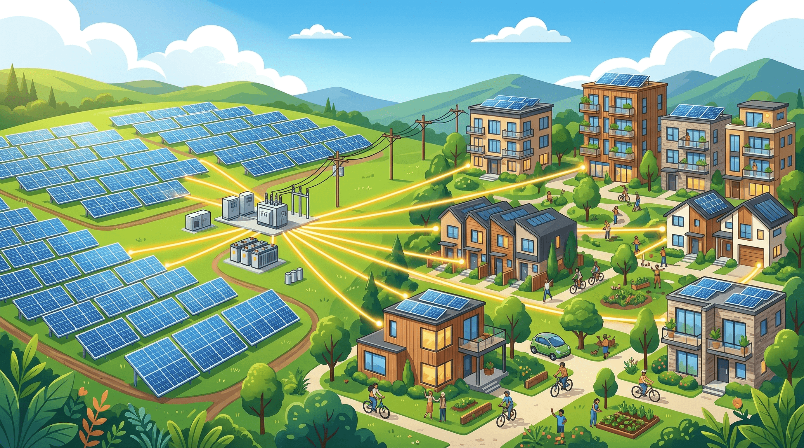 Community solar farm connected to neighborhood homes