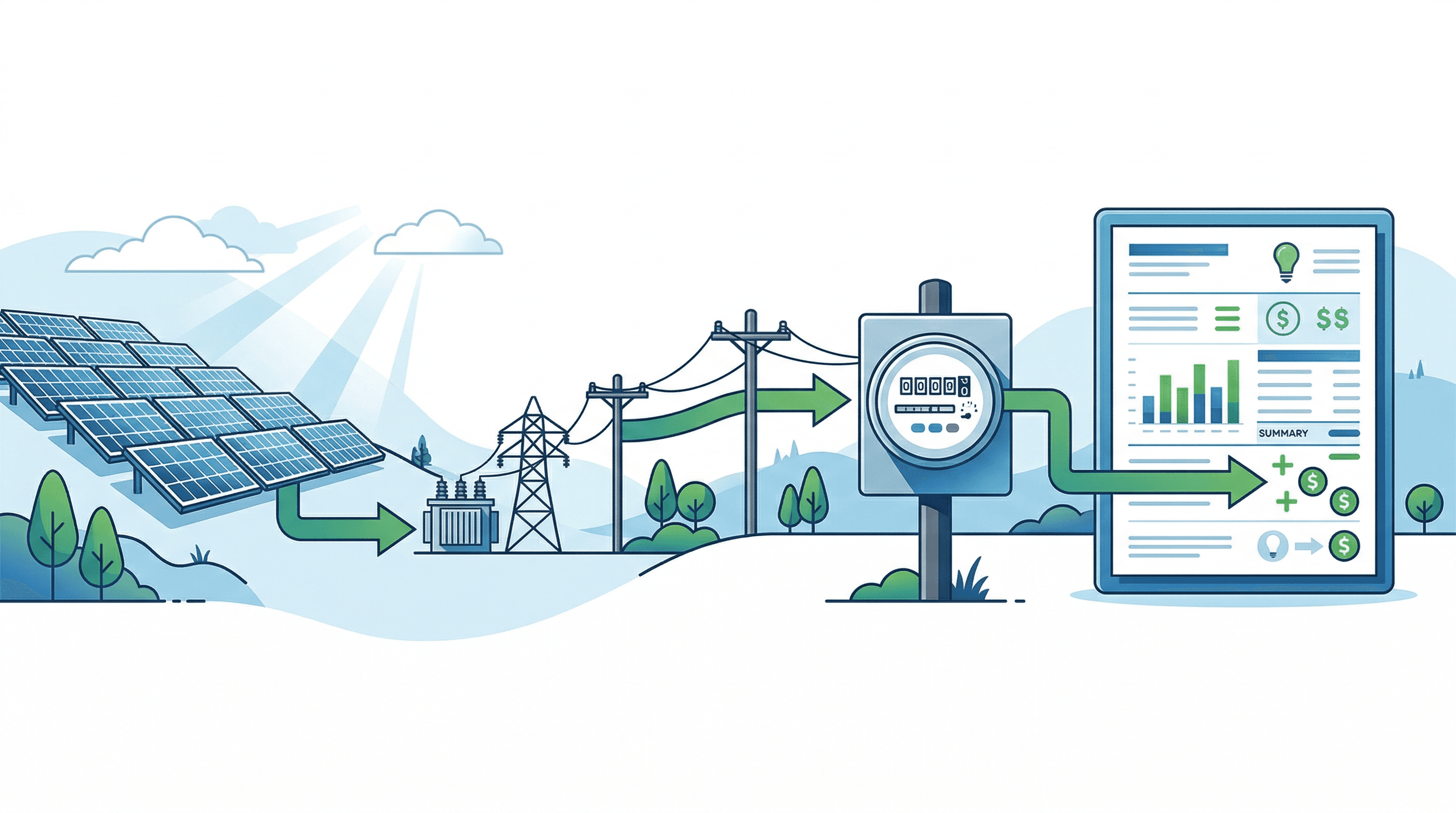 Diagram showing how community solar works: solar farm generates electricity, utility applies credits to subscriber bills