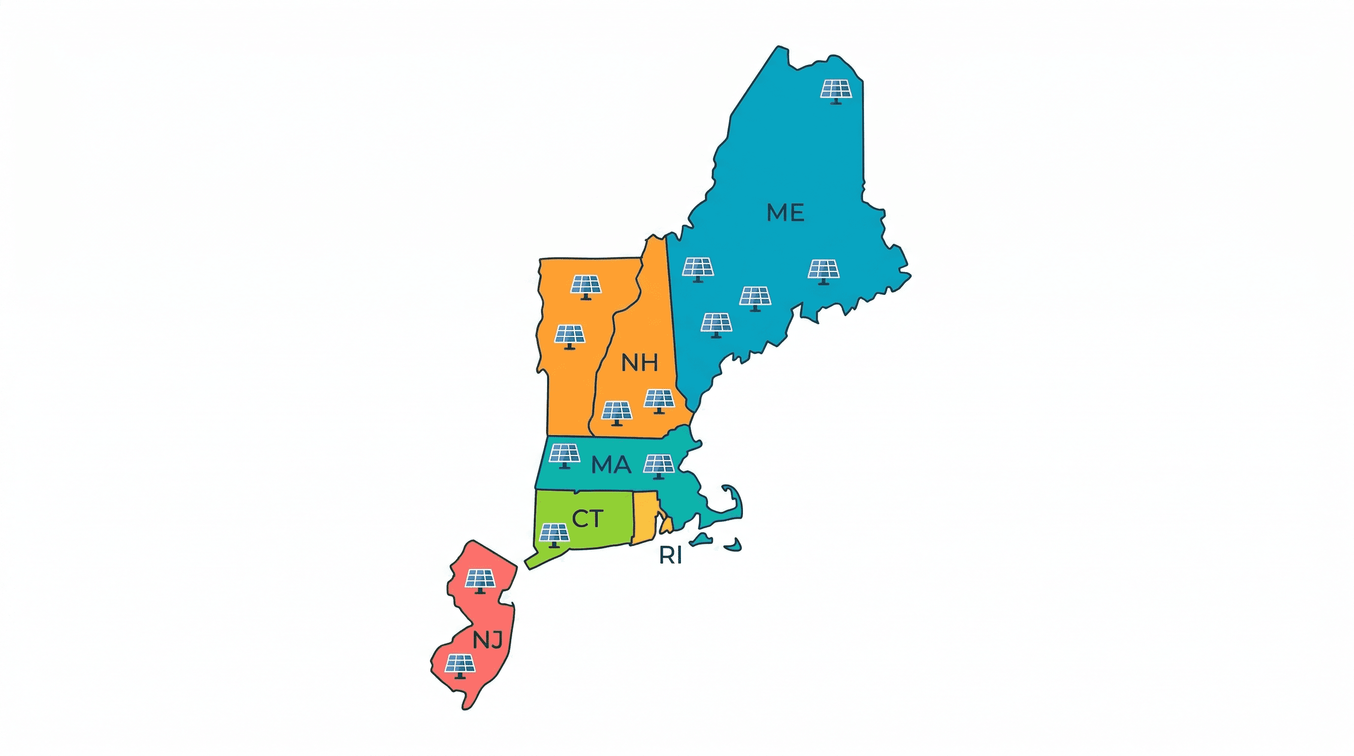 Map of northeastern US states with community solar programs highlighted