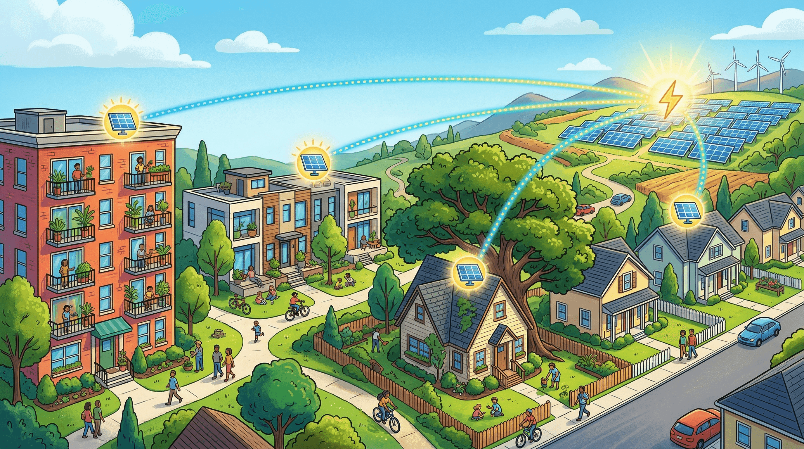 Different building types that benefit from community solar: apartments, condos, shaded homes, and HOA-restricted neighborhoods