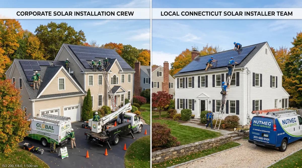 Split-screen comparison of corporate solar installation crew versus local Connecticut solar installer team on a colonial-style home rooftop