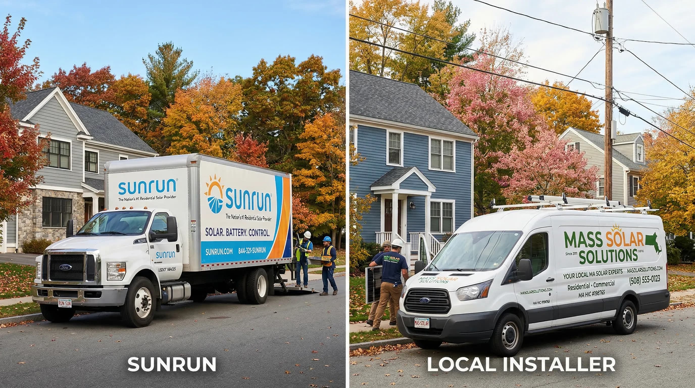Split-screen comparison of a corporate solar truck vs a local Massachusetts solar installer van in a suburban New England neighborhood