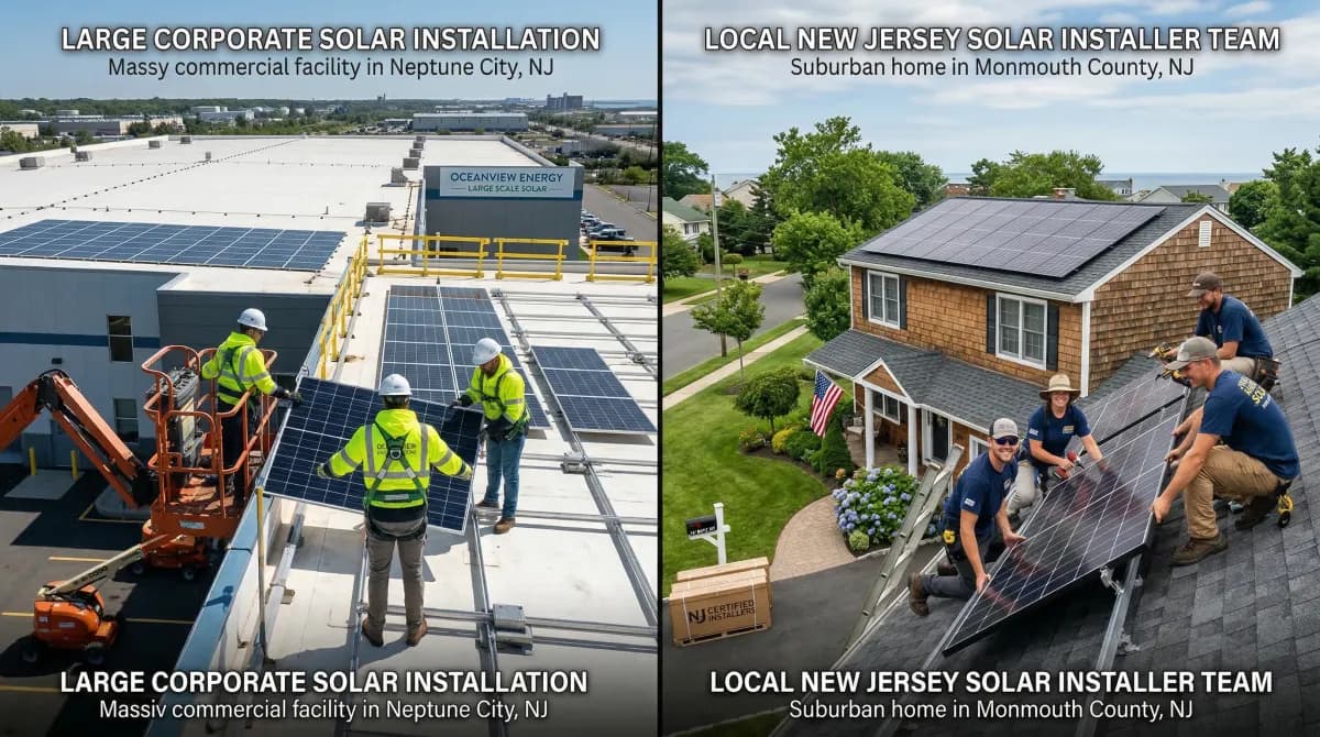 Split-screen comparison of corporate solar installation vs local New Jersey solar installer team on a suburban home